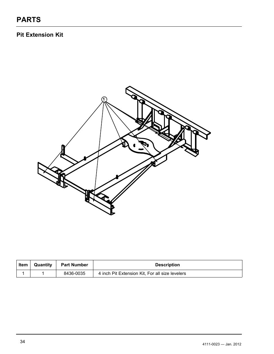 Parts, Pit extension kit, Frm wldt, ezcln - 20" pit | Poweramp CentraAir AIR POWERED 2.2012 User Manual | Page 36 / 44