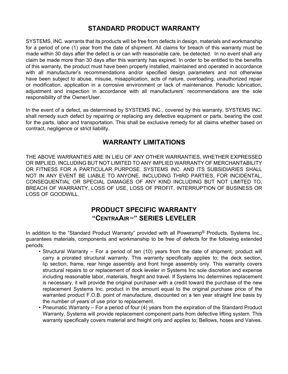 Standard product warranty, Warranty limitations, Product specific warranty | Series leveler | Poweramp CentraAir AIR POWERED 2.2012 User Manual | Page 44 / 44