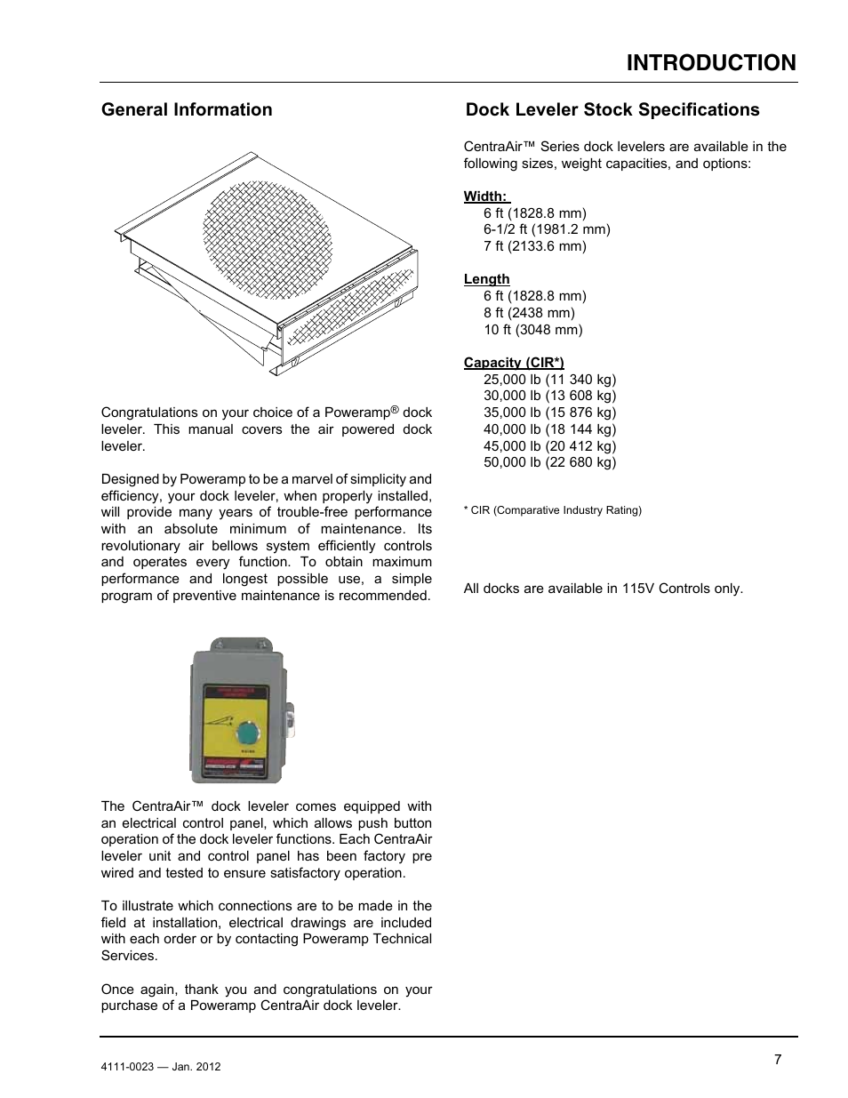 Introduction, General information, Dock leveler stock specifications | Poweramp CentraAir AIR POWERED 2.2012 User Manual | Page 9 / 44