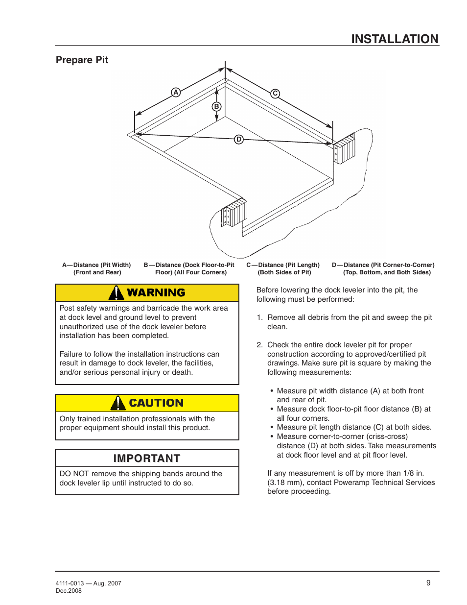 Installation, Important, Prepare pit | Poweramp LMP SERIES MECHANICAL 4.2009 User Manual | Page 11 / 40