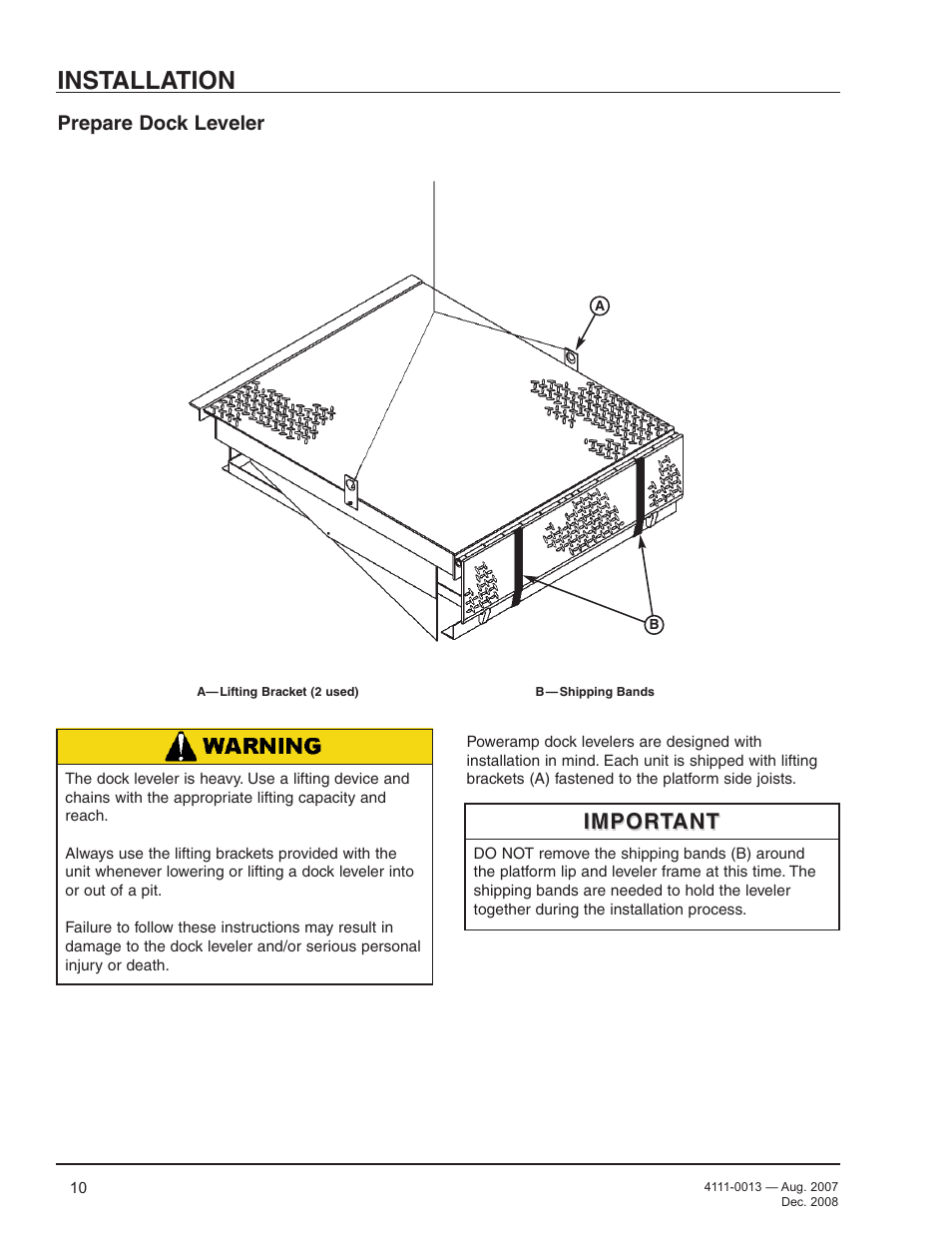 Installation, Important, Prepare dock leveler | Poweramp LMP SERIES MECHANICAL 4.2009 User Manual | Page 12 / 40