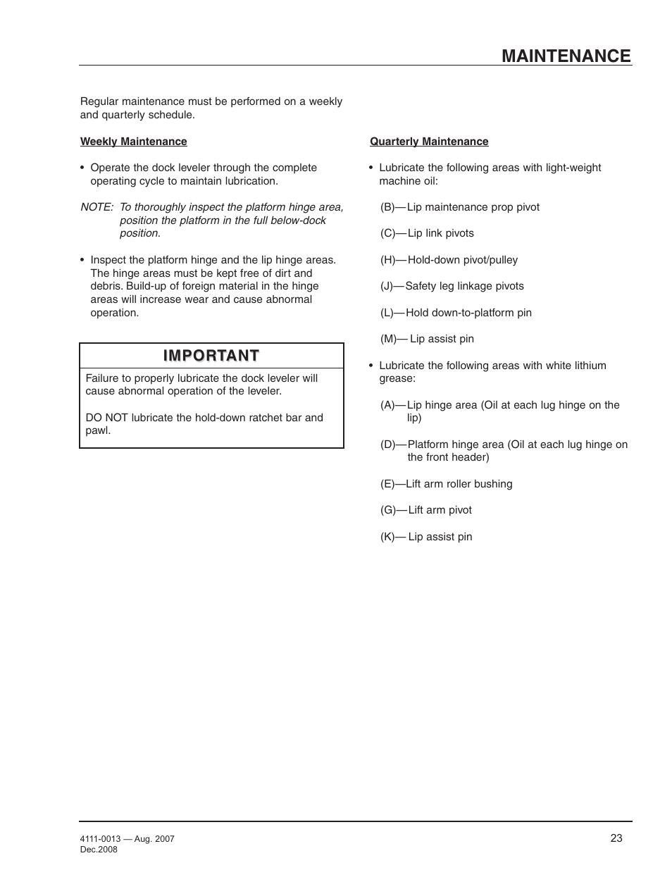 Maintenance, Important | Poweramp LMP SERIES MECHANICAL 4.2009 User Manual | Page 25 / 40