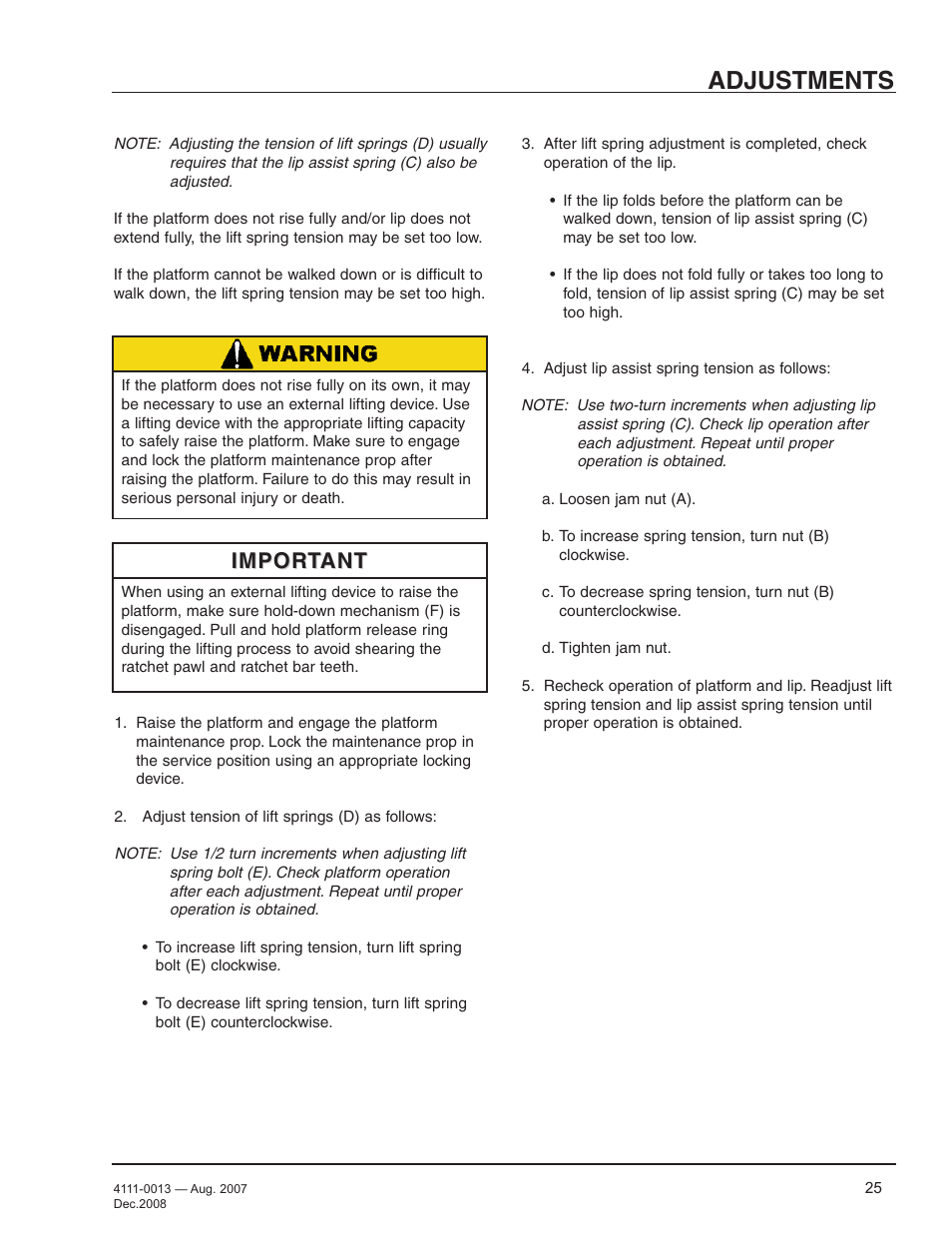 Adjustments, Important | Poweramp LMP SERIES MECHANICAL 4.2009 User Manual | Page 27 / 40