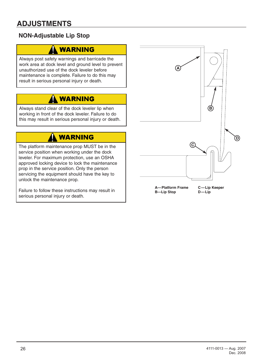 Adjustments, Non-adjustable lip stop | Poweramp LMP SERIES MECHANICAL 4.2009 User Manual | Page 28 / 40