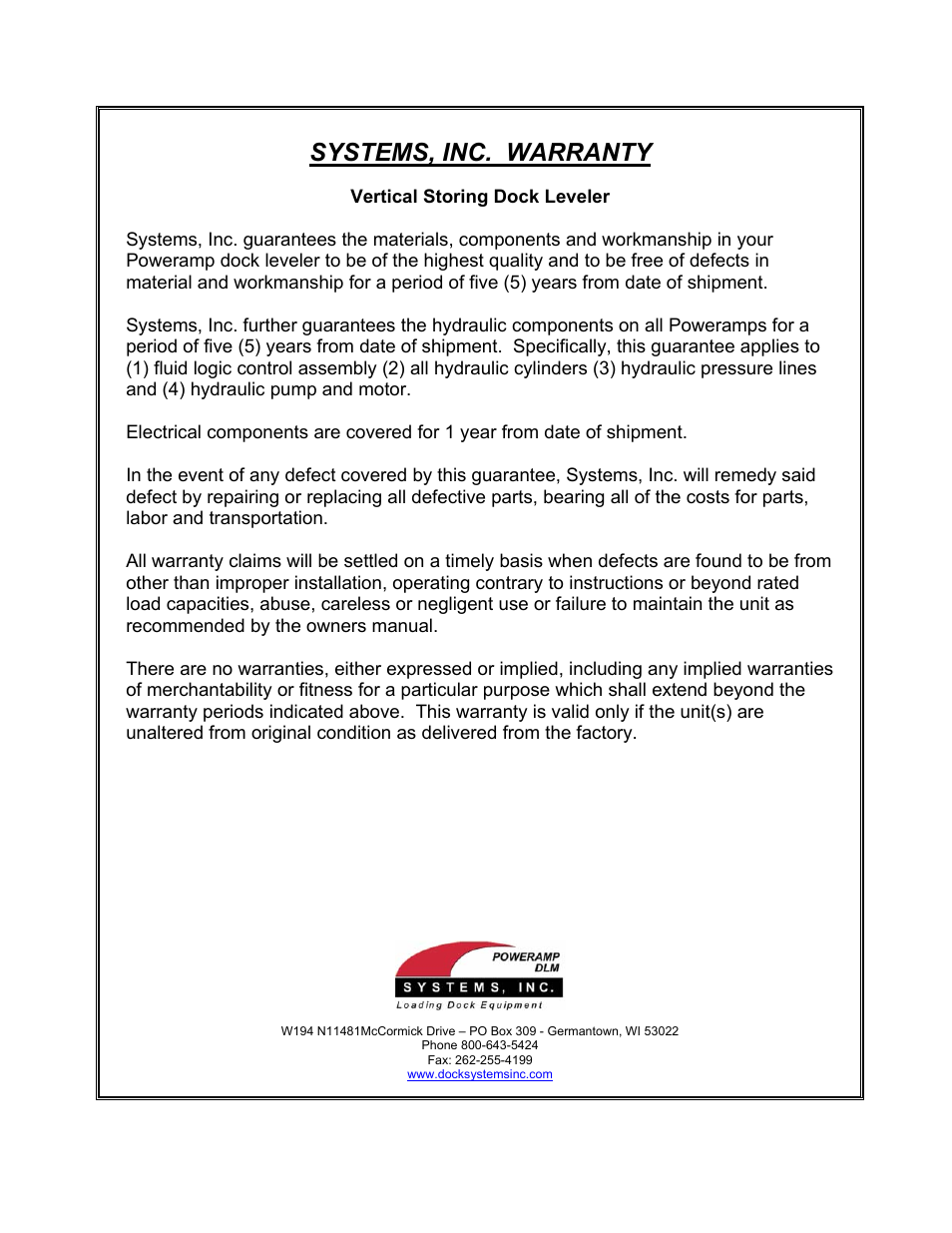 Systems, inc. warranty | Poweramp VS VERTICAL SPECIALTY 2.1995 User Manual | Page 22 / 22