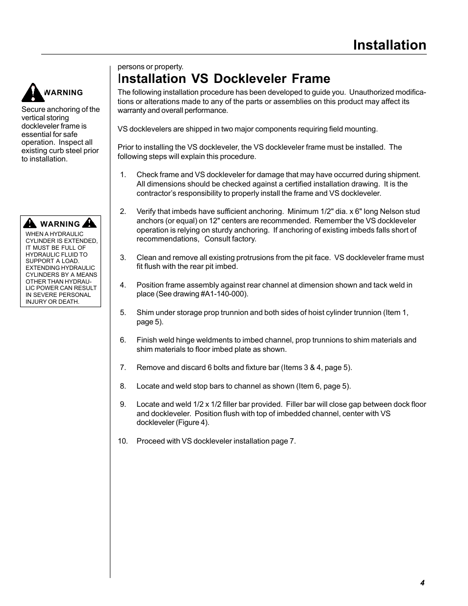 Installation, I nstallation vs dockleveler frame | Poweramp VS VERTICAL SPECIALTY 5.2007 User Manual | Page 6 / 20