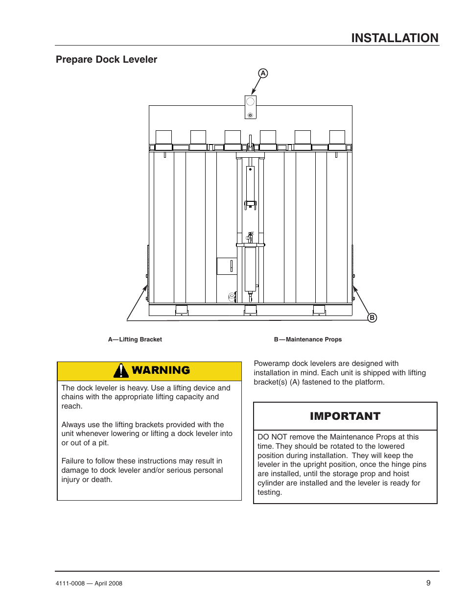 Installation, Important, Prepare dock leveler | Poweramp VS VERTICAL SPECIALTY 4.2009 User Manual | Page 11 / 52