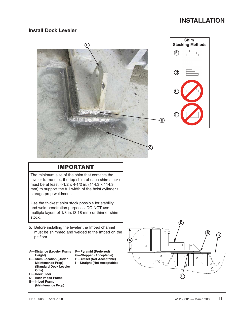 Installation, Important, Install dock leveler | Poweramp VS VERTICAL SPECIALTY 4.2009 User Manual | Page 13 / 52