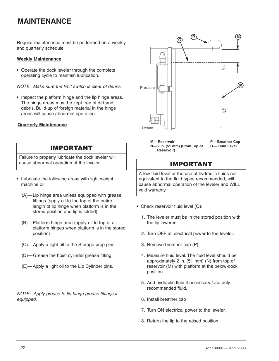 Maintenance, Important | Poweramp VS VERTICAL SPECIALTY 4.2009 User Manual | Page 24 / 52