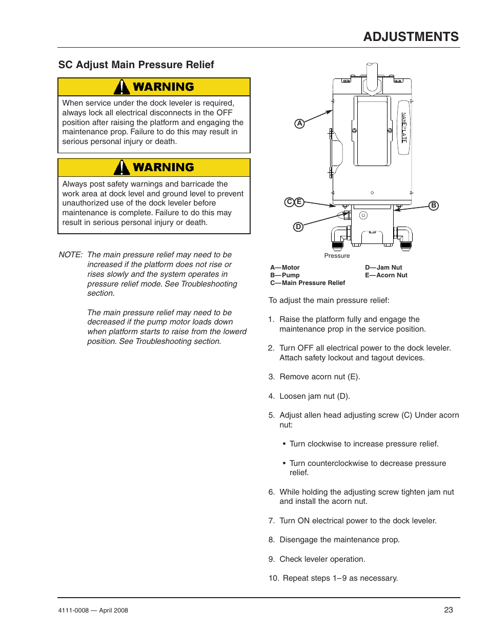 Adjustments, Sc adjust main pressure relief | Poweramp VS VERTICAL SPECIALTY 4.2009 User Manual | Page 25 / 52