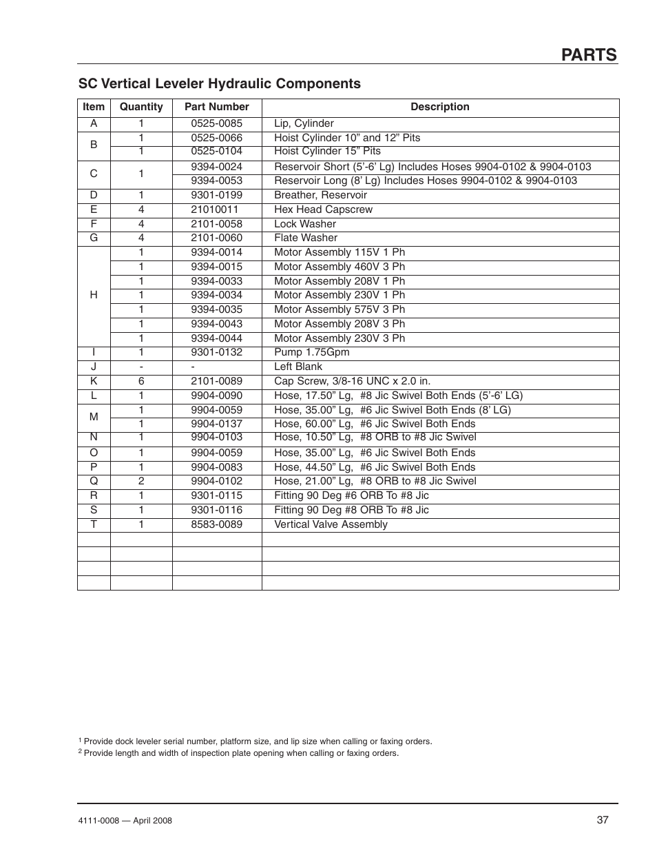 Parts, Sc vertical leveler hydraulic components | Poweramp VS VERTICAL SPECIALTY 4.2009 User Manual | Page 39 / 52