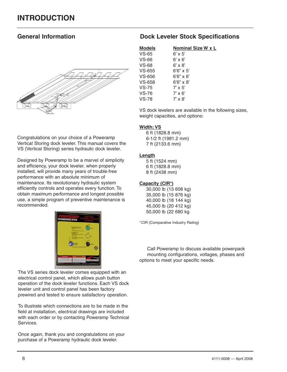 Introduction, General information, Dock leveler stock specifications | Poweramp VS VERTICAL SPECIALTY 4.2009 User Manual | Page 8 / 52