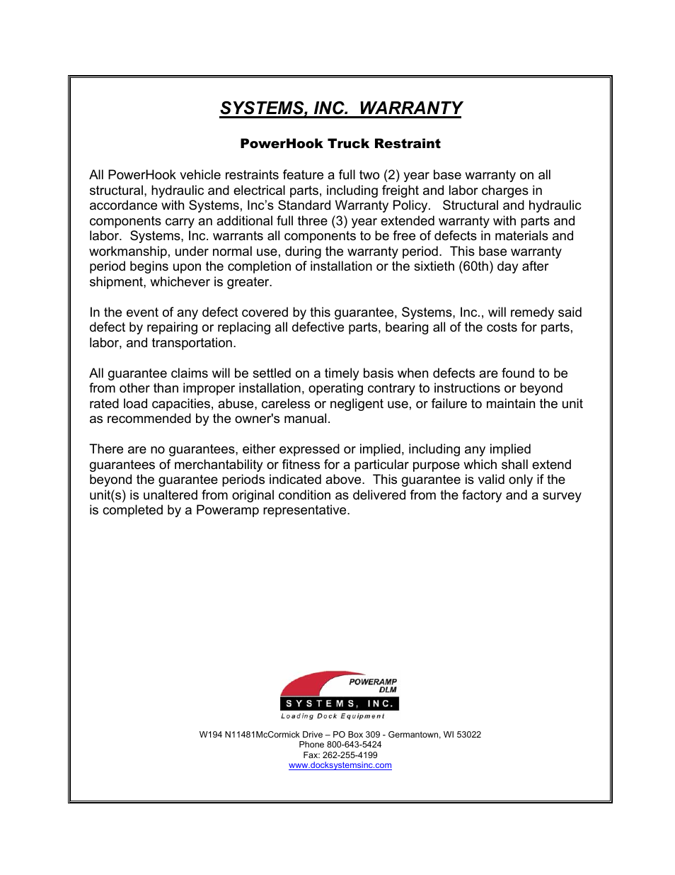 Systems, inc. warranty | Poweramp POWERHOOK P4111-0010 5.2006 User Manual | Page 56 / 56