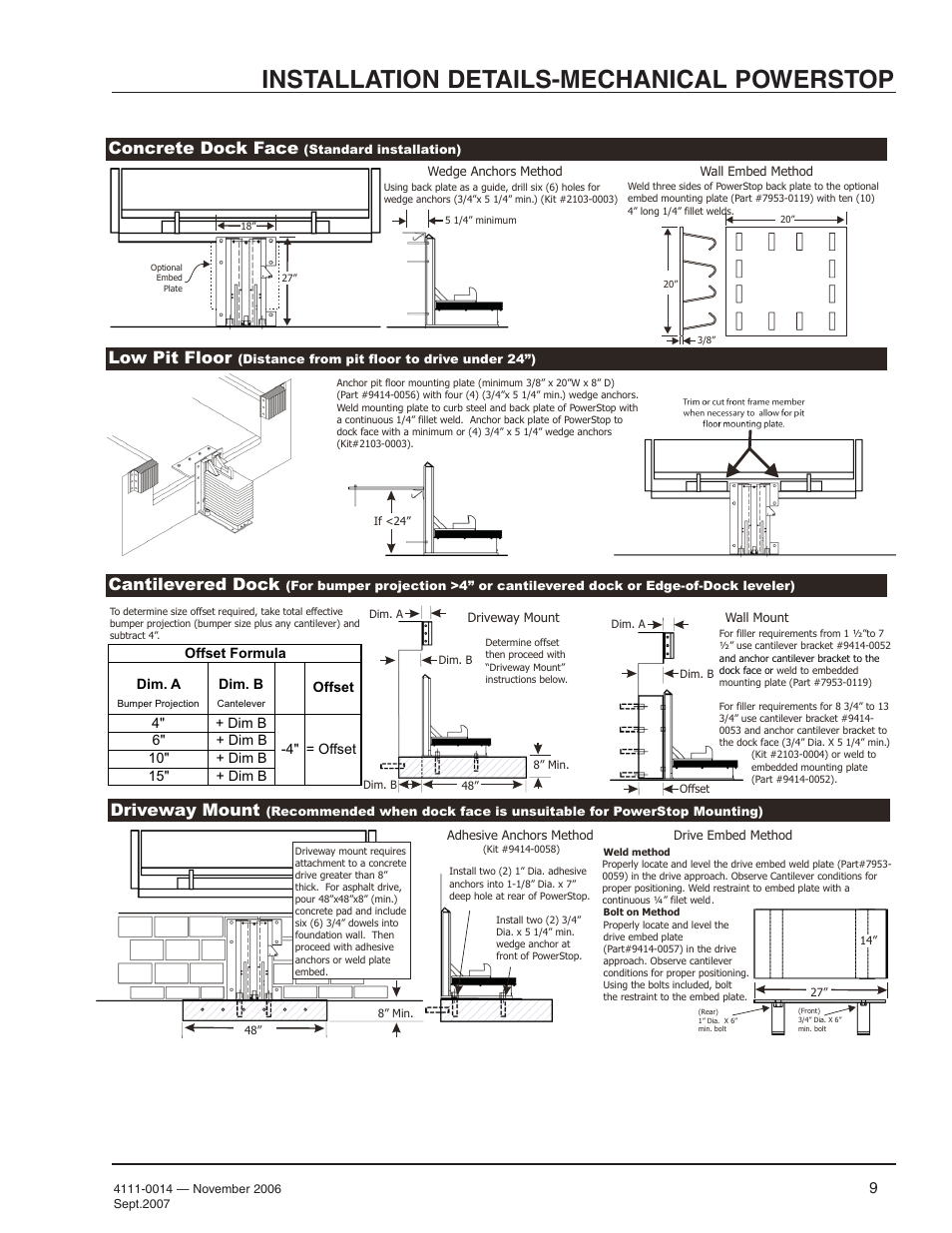 Installation details-mechanical powerstop, Concrete dock face, Low pit floor | Cantilevered dock, Driveway mount | Poweramp POWERSTOP 4.2009 User Manual | Page 11 / 32