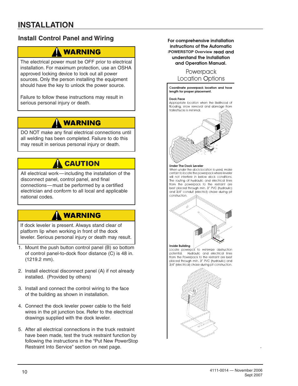 Installation, Install control panel and wiring, Powerpack location options | Poweramp POWERSTOP 4.2009 User Manual | Page 12 / 32