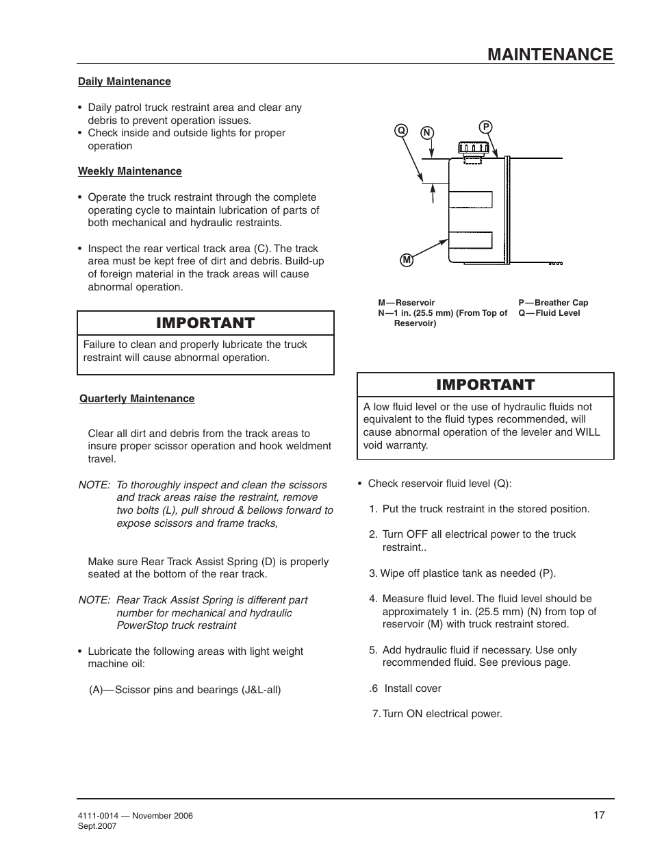 Maintenance, Important | Poweramp POWERSTOP 4.2009 User Manual | Page 19 / 32