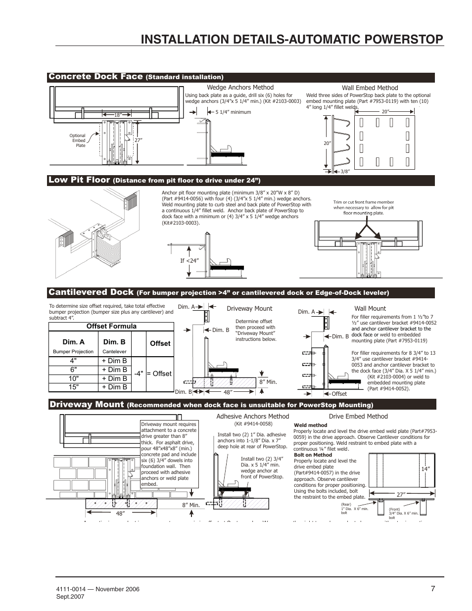 Installation details-automatic powerstop, Concrete dock face, Low pit floor | Driveway mount, Cantilevered dock | Poweramp POWERSTOP 4.2009 User Manual | Page 9 / 32