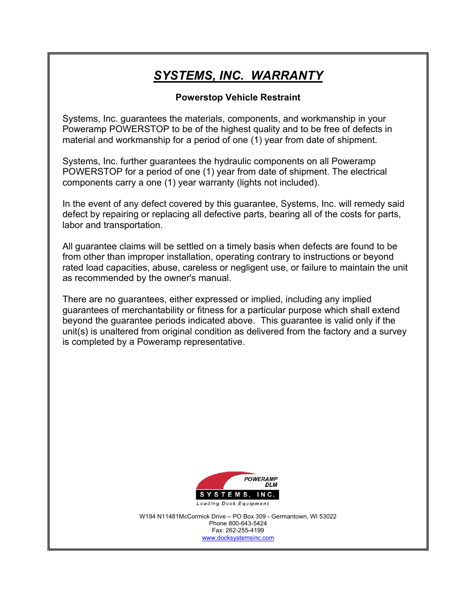 Systems, inc. warranty | Poweramp POWERSTOP M 11.1996 User Manual | Page 18 / 18