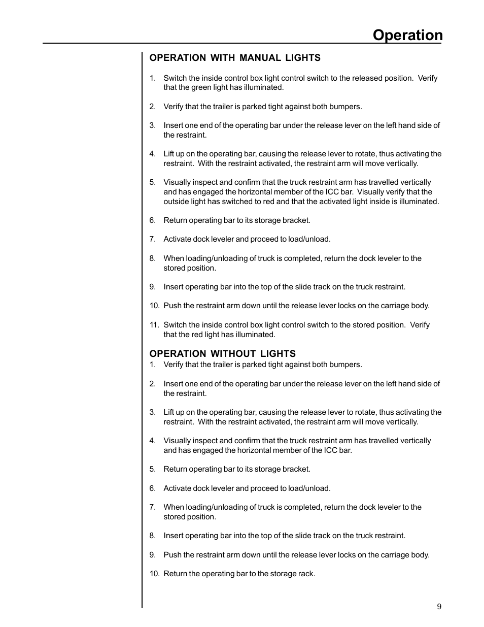 Operation | Poweramp SEMI AUTO TRUCK RESTRAINT 11_96 User Manual | Page 11 / 17