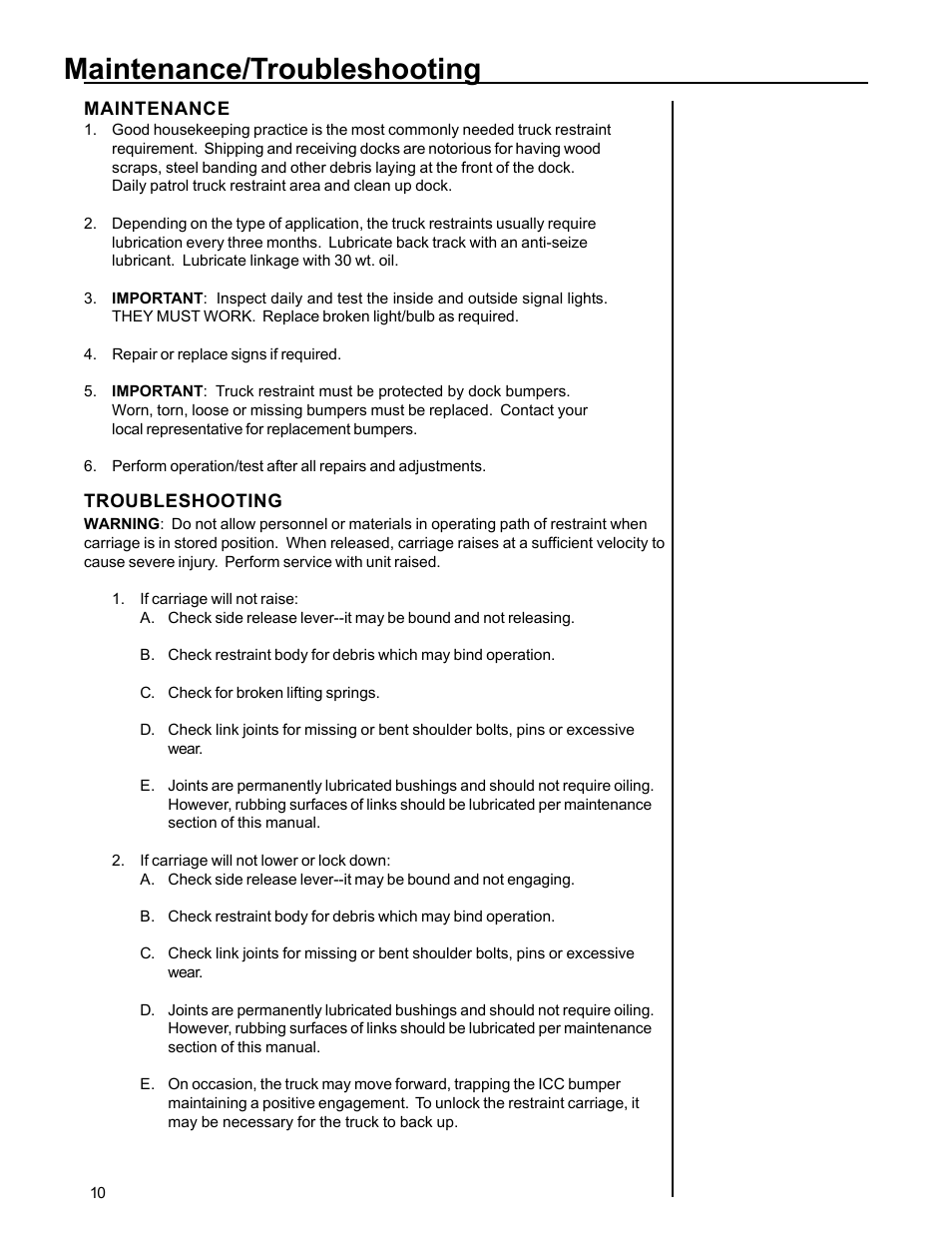 Maintenance/troubleshooting | Poweramp SEMI AUTO TRUCK RESTRAINT 11_96 User Manual | Page 12 / 17