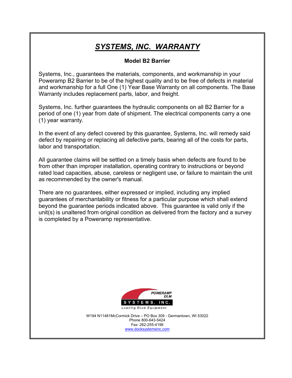 Systems, inc. warranty | Poweramp BAR - LIFT BARRIER User Manual | Page 19 / 19