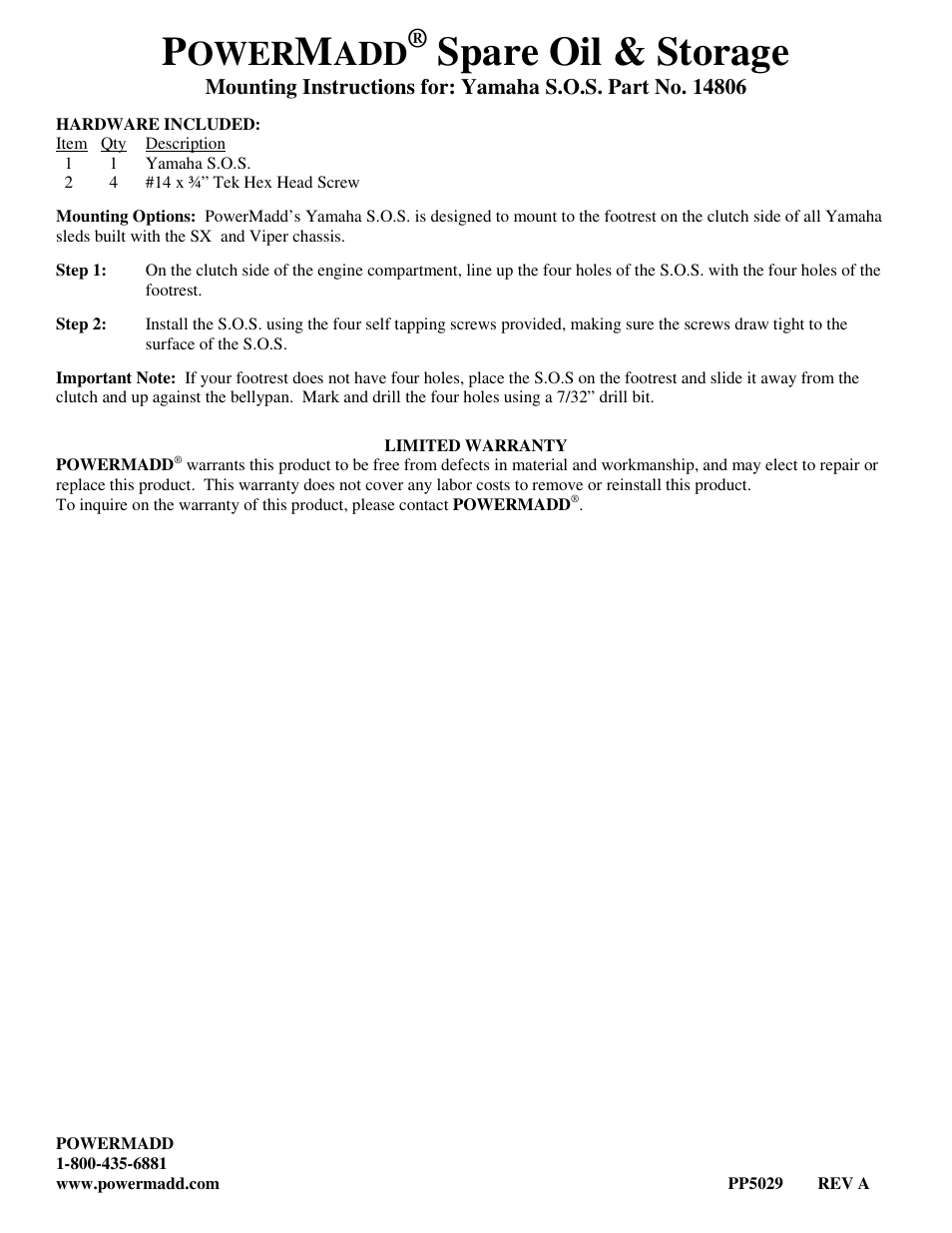 PowerMadd SOS Yamaha 14806 User Manual | 1 page