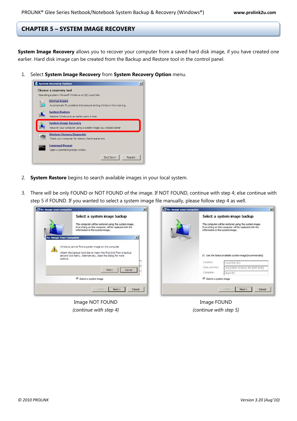 Chapter 5 – system image recovery | PROLiNK Glee UW2 Backup & Restore Guide User Manual | Page 10 / 21