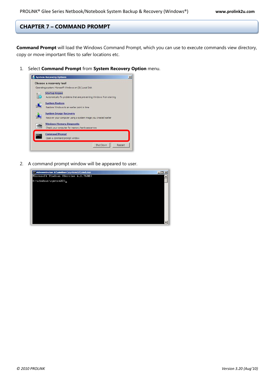 Chapter 7 – command prompt | PROLiNK Glee UW2 Backup & Restore Guide User Manual | Page 15 / 21