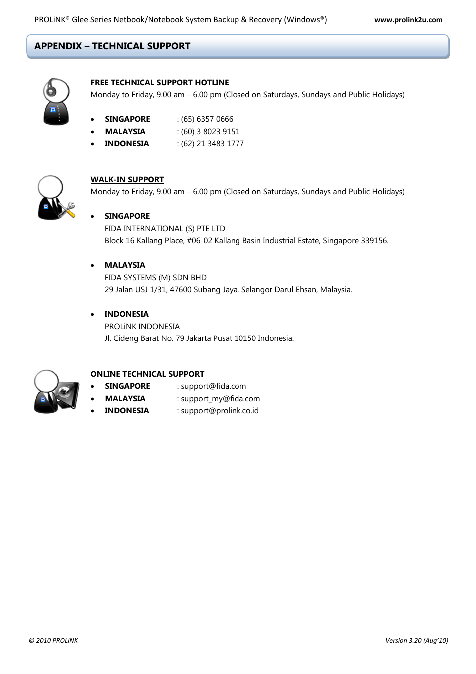 Appendix – technical support | PROLiNK Glee UW2 Backup & Restore Guide User Manual | Page 21 / 21