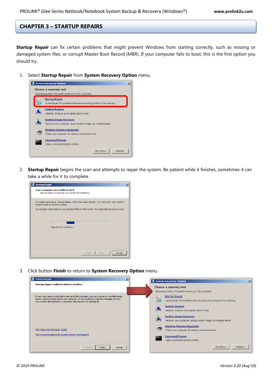 Chapter 3 – startup repairs | PROLiNK Glee UW2 Backup & Restore Guide User Manual | Page 6 / 21
