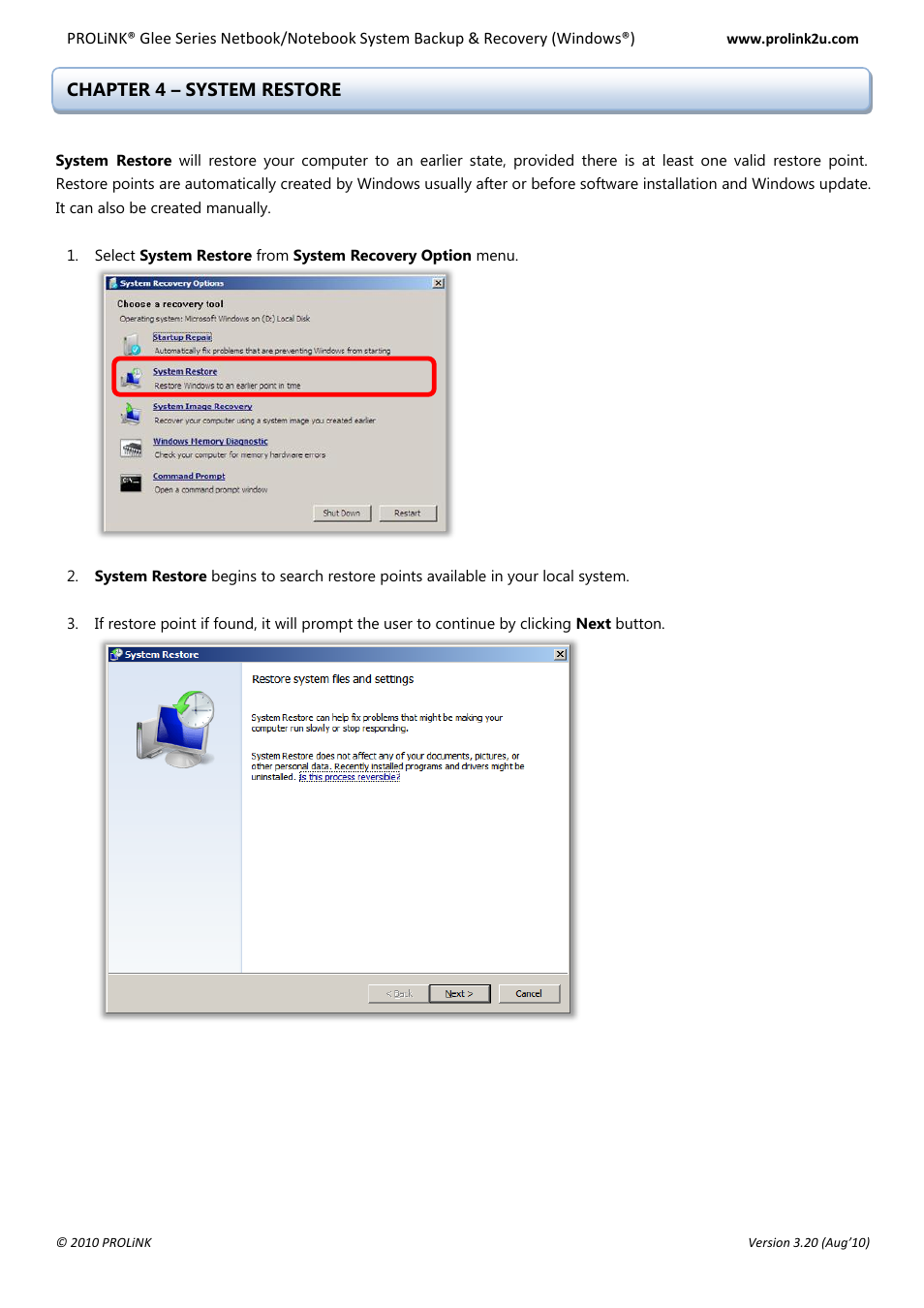 Chapter 4 – system restore | PROLiNK Glee UW2 Backup & Restore Guide User Manual | Page 7 / 21