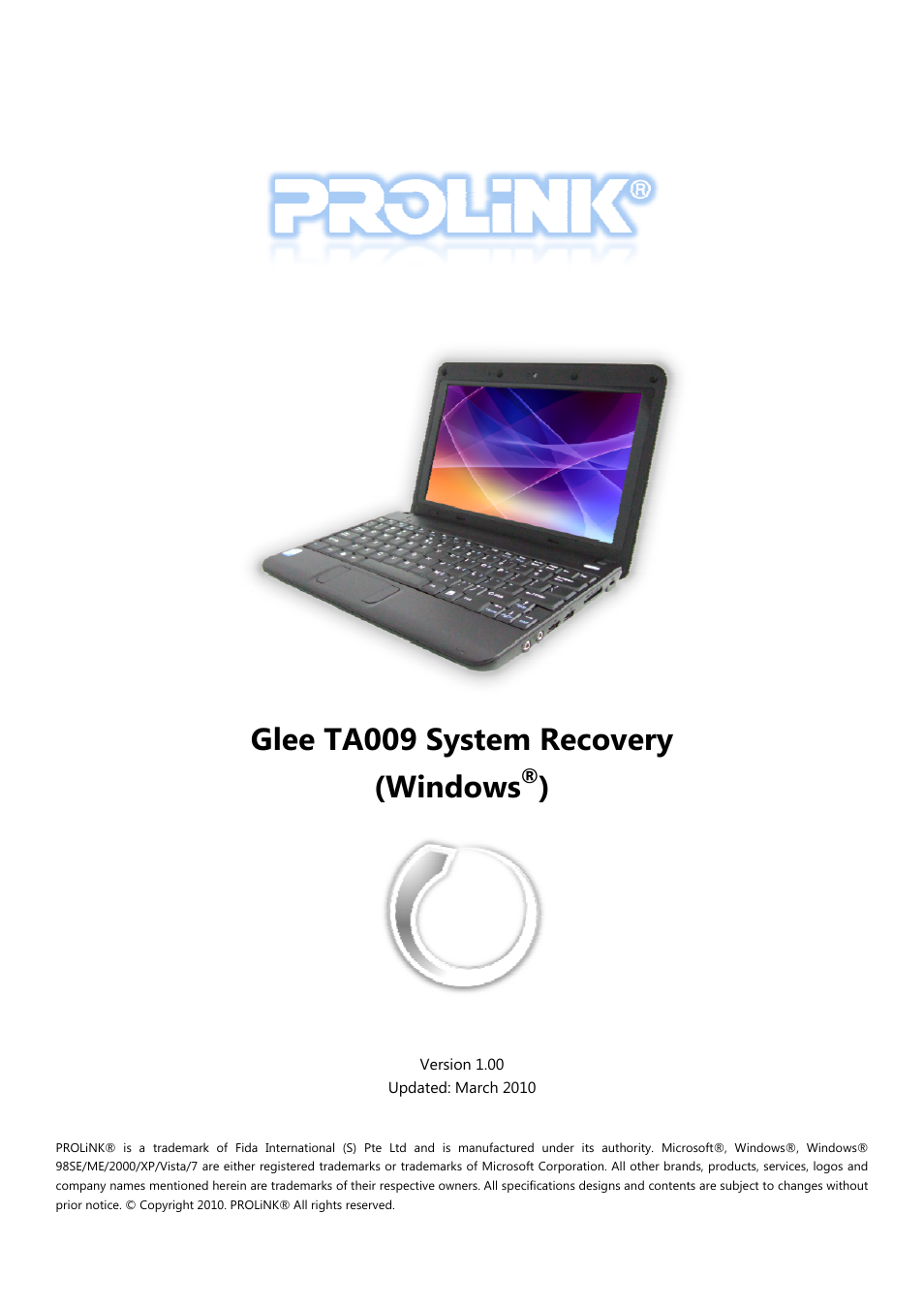 PROLiNK Glee TA-009 System Recovery User Manual | 16 pages