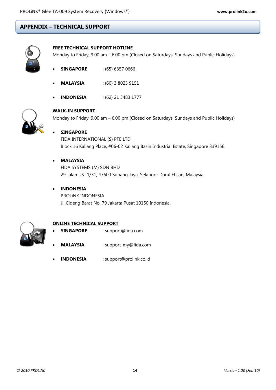 Appendix – technical support | PROLiNK Glee TA-009 System Recovery User Manual | Page 16 / 16