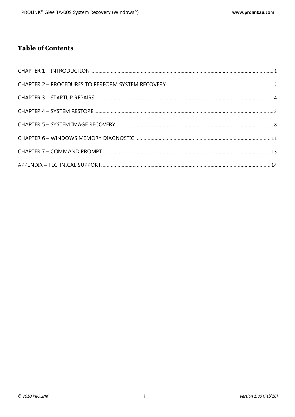 PROLiNK Glee TA-009 System Recovery User Manual | Page 2 / 16