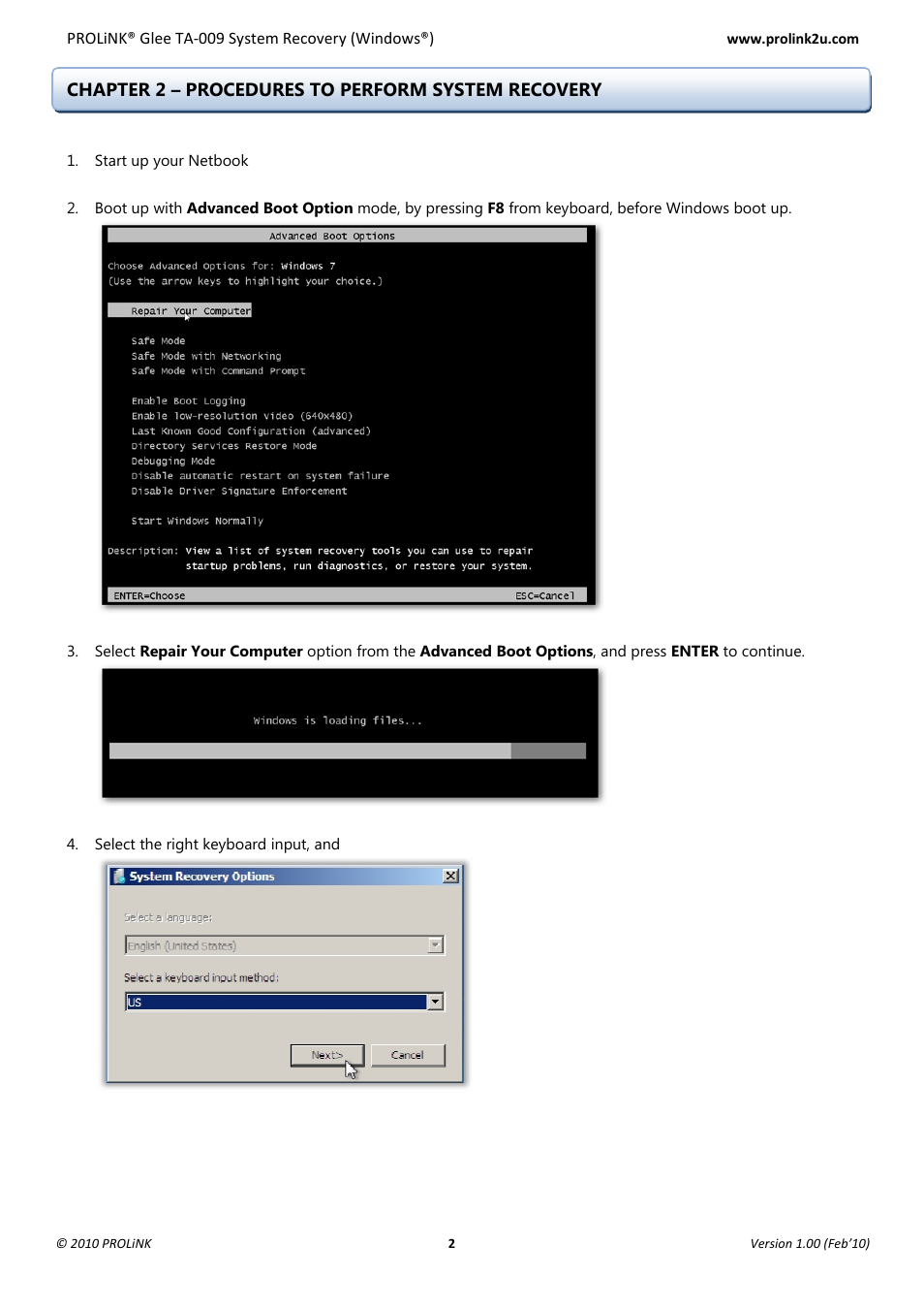 Chapter 2 – procedures to perform system recovery | PROLiNK Glee TA-009 System Recovery User Manual | Page 4 / 16