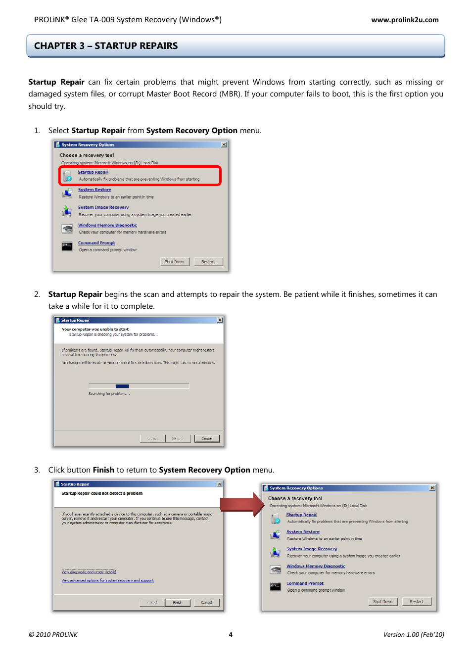 Chapter 3 – startup repairs | PROLiNK Glee TA-009 System Recovery User Manual | Page 6 / 16