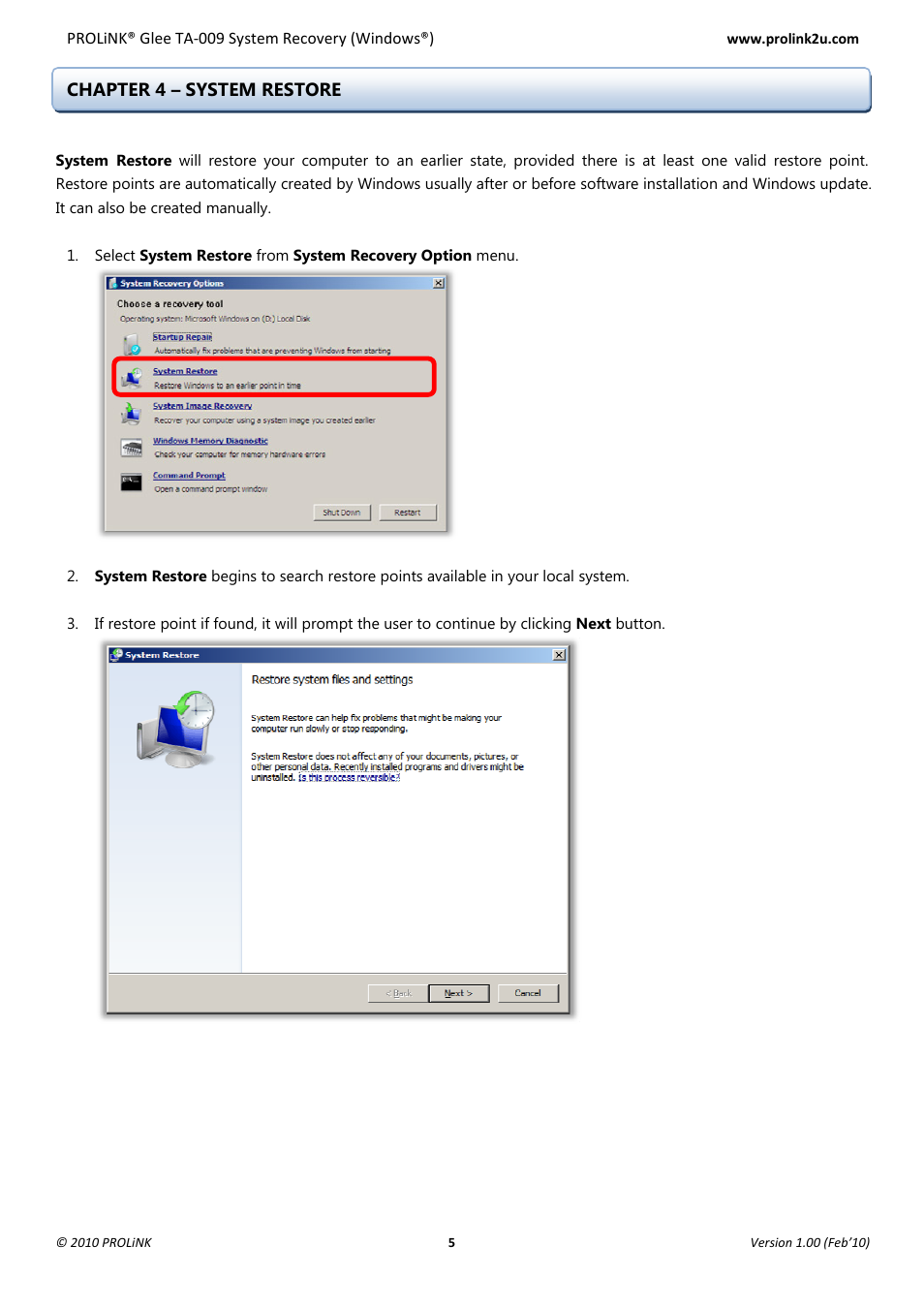 Chapter 4 – system restore | PROLiNK Glee TA-009 System Recovery User Manual | Page 7 / 16
