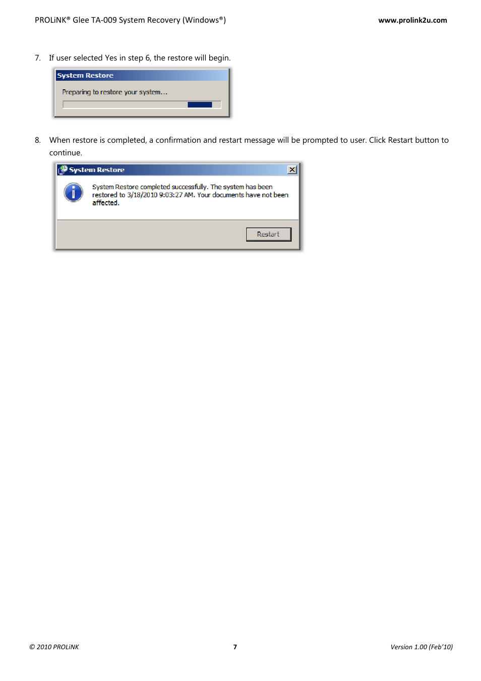 PROLiNK Glee TA-009 System Recovery User Manual | Page 9 / 16