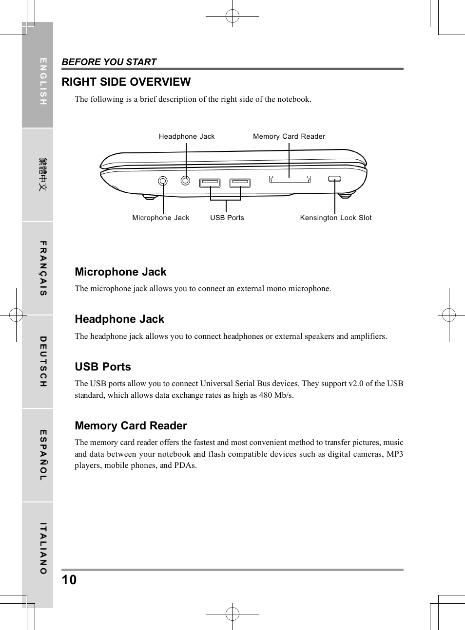Microphone jack, Headphone jack, Usb ports | Right side overview | PROLiNK Glee TA-009 User Manual User Manual | Page 10 / 198