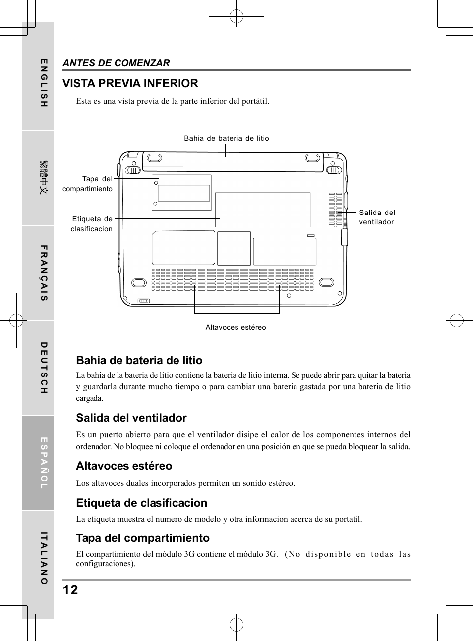 Vista previa inferior, Bahia de bateria de litio, Salida del ventilador | Altavoces estéreo, Etiqueta de clasificacion, Tapa del compartimiento | PROLiNK Glee TA-009 User Manual User Manual | Page 100 / 198