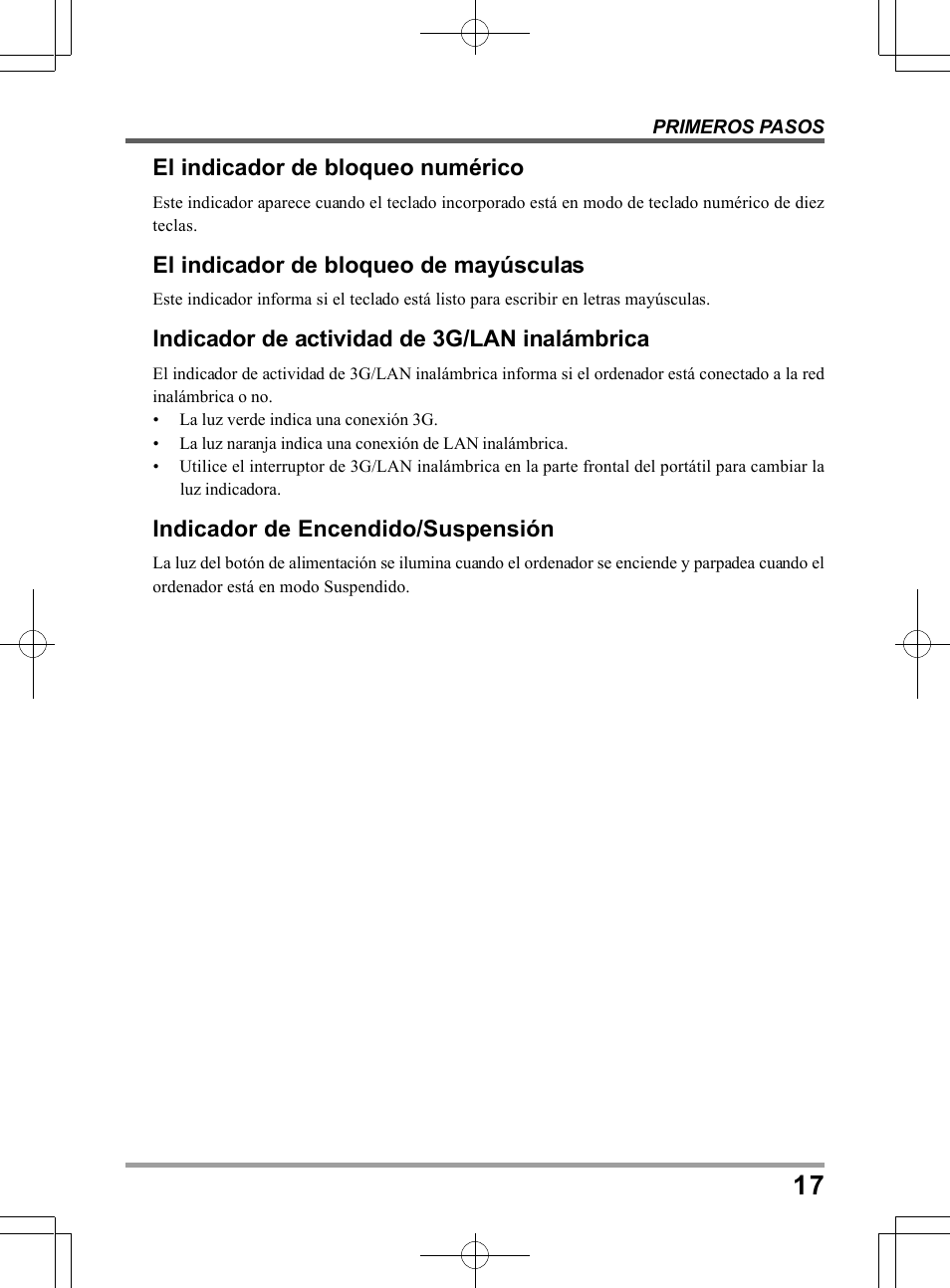 El indicador de bloqueo numérico, El indicador de bloqueo de mayúsculas, Indicador de actividad de 3g/lan inalámbrica | Indicador de encendido/suspensión | PROLiNK Glee TA-009 User Manual User Manual | Page 105 / 198