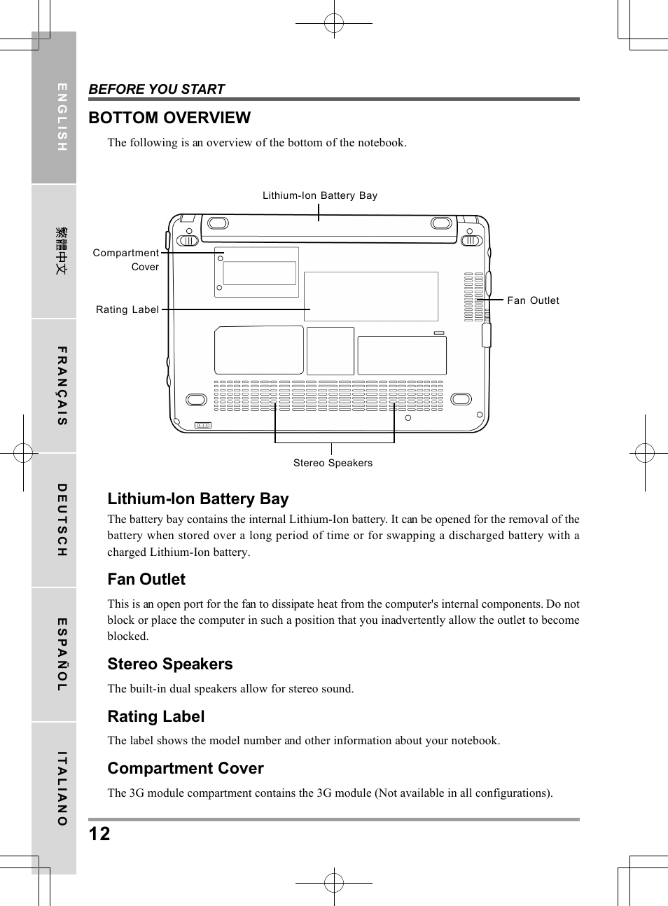 Bottom overview, Lithium-ion battery bay, Fan outlet | Stereo speakers, Rating label, Compartment cover | PROLiNK Glee TA-009 User Manual User Manual | Page 12 / 198