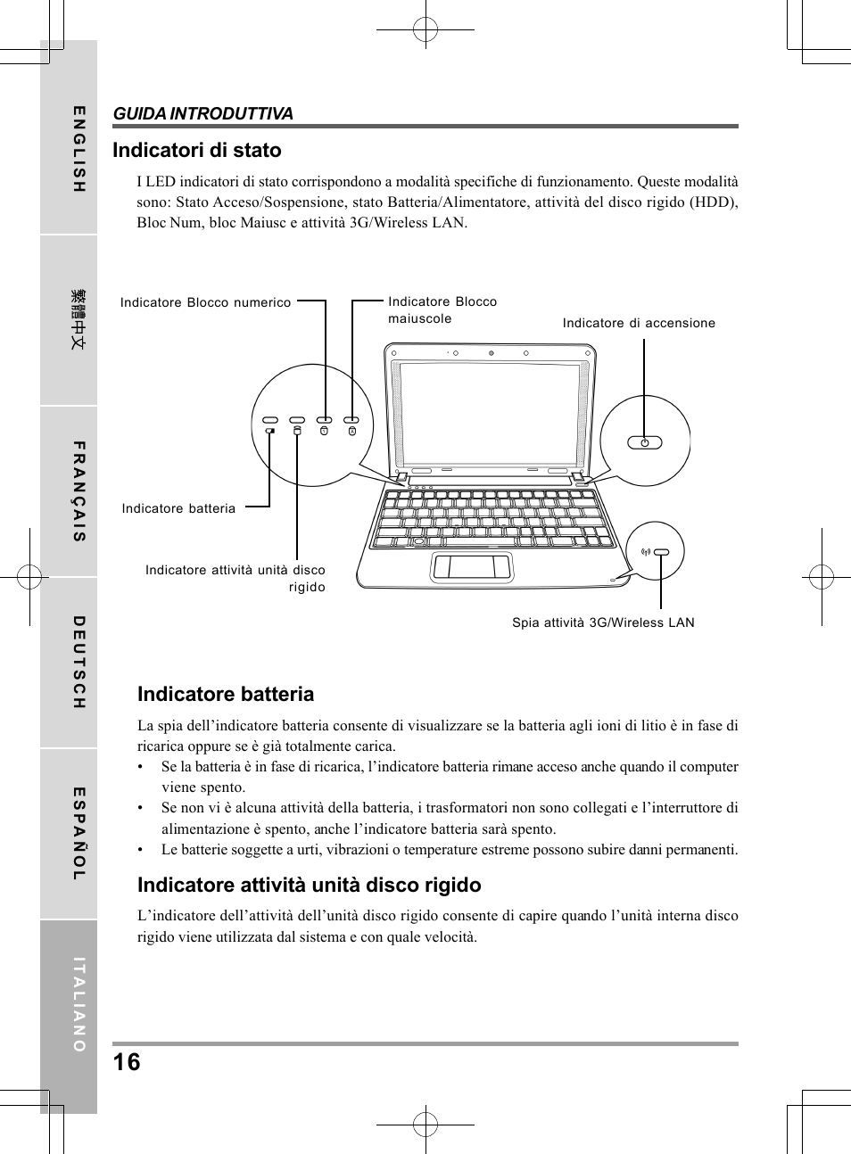 Indicatori di stato, Indicatore batteria, Indicatore attività unità disco rigido | PROLiNK Glee TA-009 User Manual User Manual | Page 126 / 198
