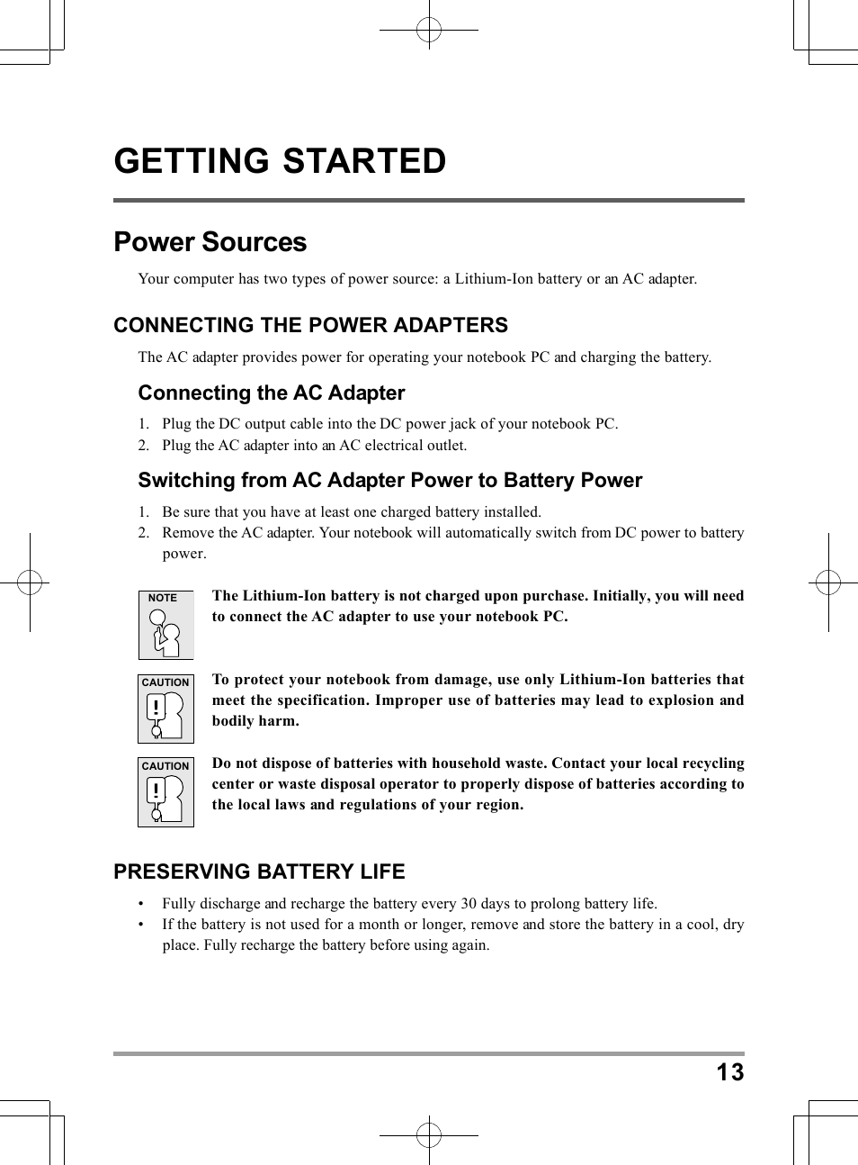 Getting started, Power sources, Connecting the power adapters | Connecting the ac adapter, Switching from ac adapter power to battery power, Preserving battery life | PROLiNK Glee TA-009 User Manual User Manual | Page 13 / 198