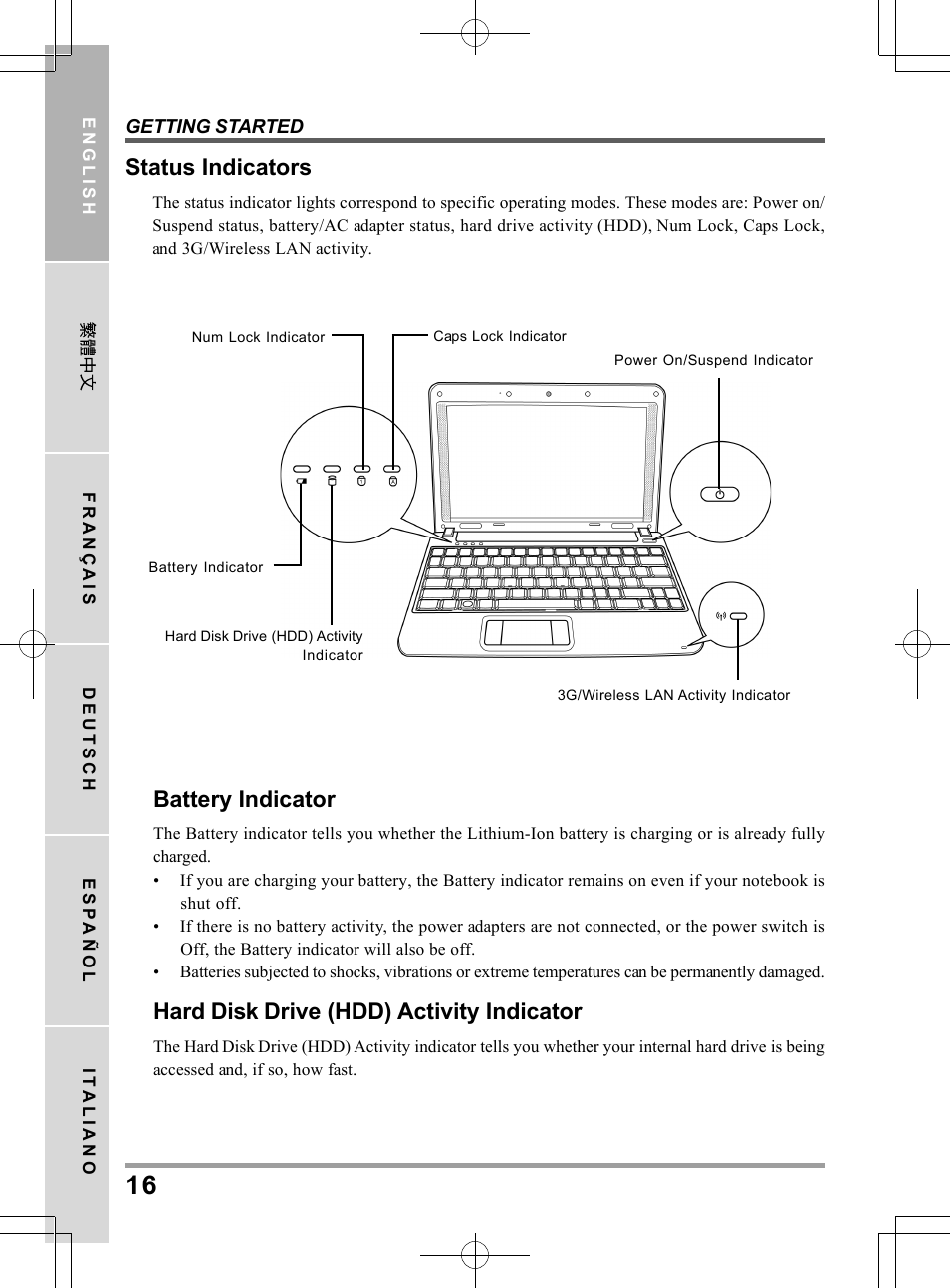 Status indicators, Battery indicator, Hard disk drive (hdd) activity indicator | PROLiNK Glee TA-009 User Manual User Manual | Page 16 / 198