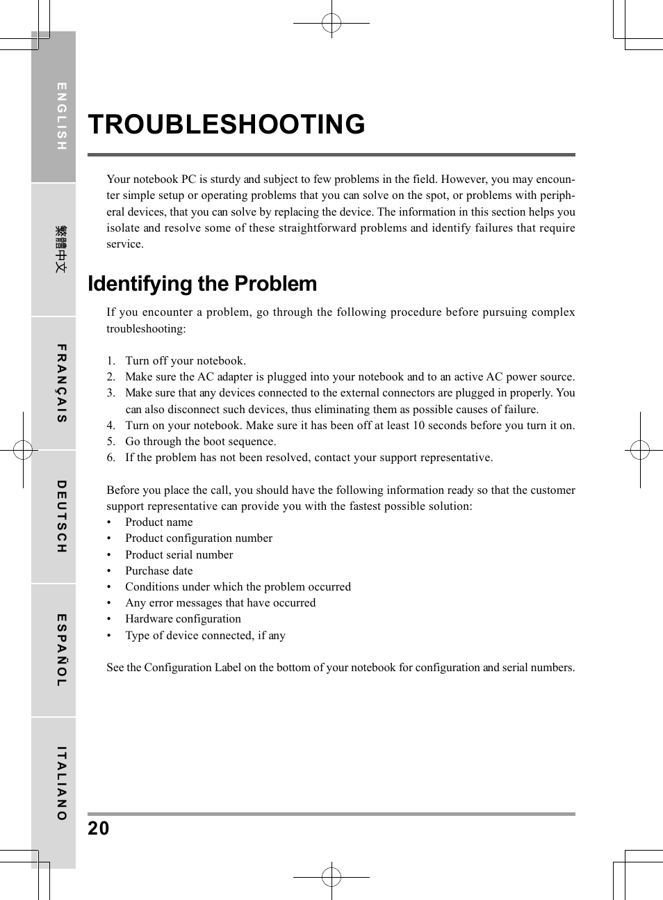 Troubleshooting, Identifying the problem | PROLiNK Glee TA-009 User Manual User Manual | Page 20 / 198