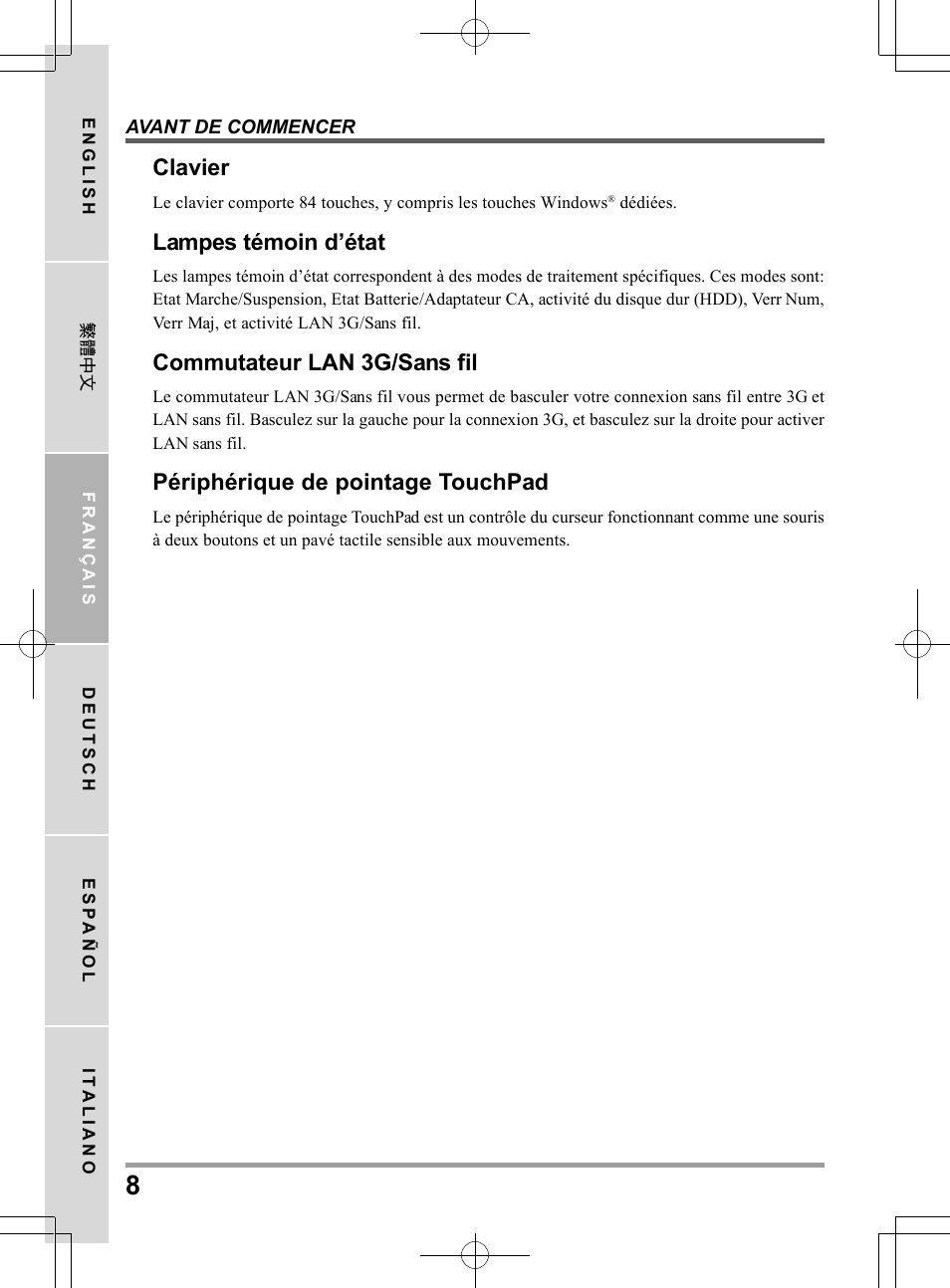 Clavier, Lampes témoin d’état, Commutateur lan 3g/sans fil | Périphérique de pointage touchpad | PROLiNK Glee TA-009 User Manual User Manual | Page 52 / 198