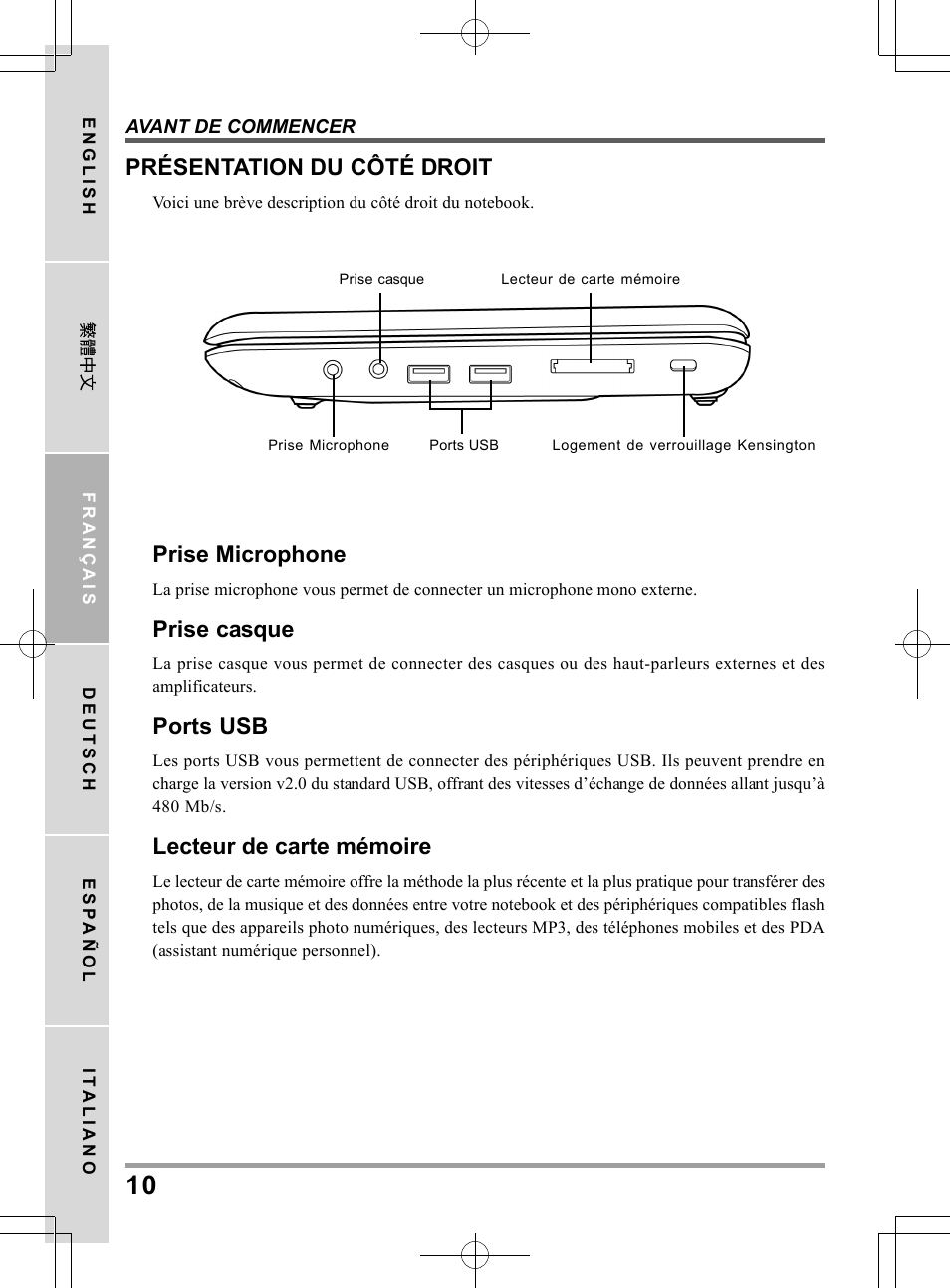 Prise microphone, Prise casque, Ports usb | Lecteur de carte mémoire, Présentation du côté droit | PROLiNK Glee TA-009 User Manual User Manual | Page 54 / 198
