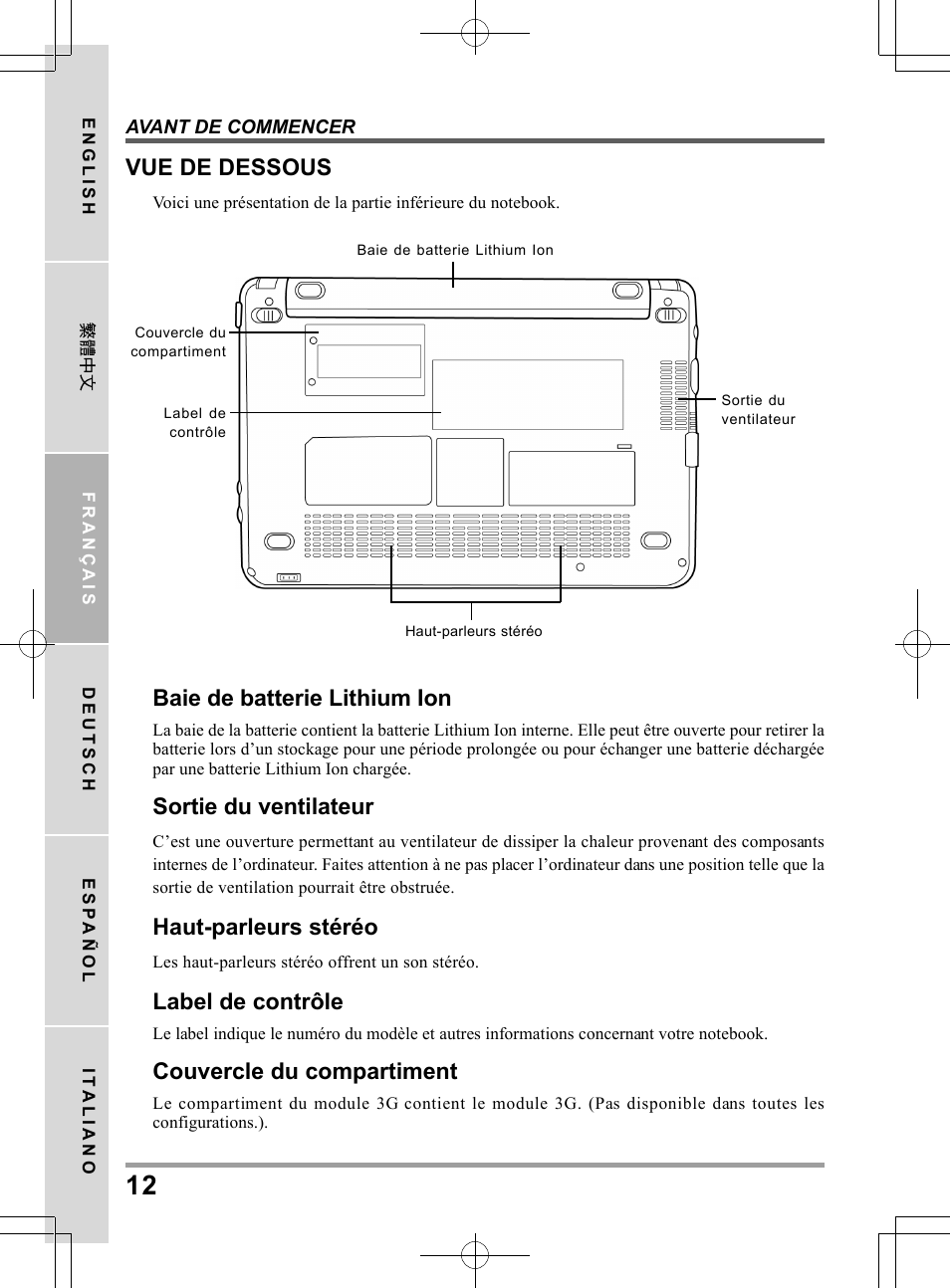 Baie de batterie lithium ion, Sortie du ventilateur, Haut-parleurs stéréo | Label de contrôle, Couvercle du compartiment, Vue de dessous | PROLiNK Glee TA-009 User Manual User Manual | Page 56 / 198