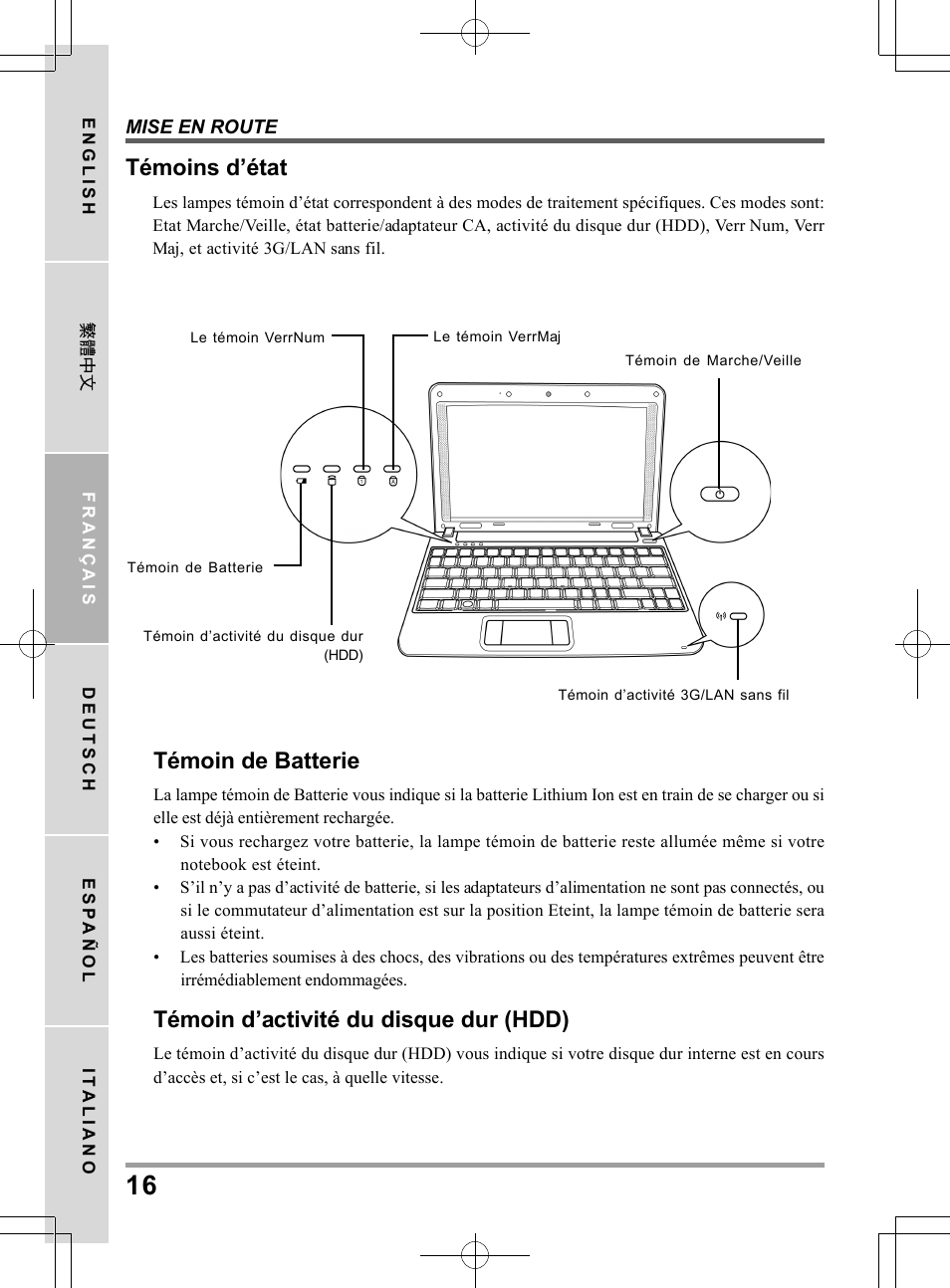 Témoins d’état, Témoin de batterie, Témoin d’activité du disque dur (hdd) | PROLiNK Glee TA-009 User Manual User Manual | Page 60 / 198